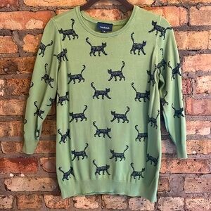 ModCloth Medium Lightweight Sweater - Green 3/4 Sleeve w/ Cute Cats/Tigers Print